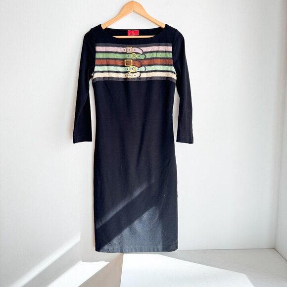 Roberta Di Camerino Belt Print Black Bodycon Dress 6 - Picture 2 of 11